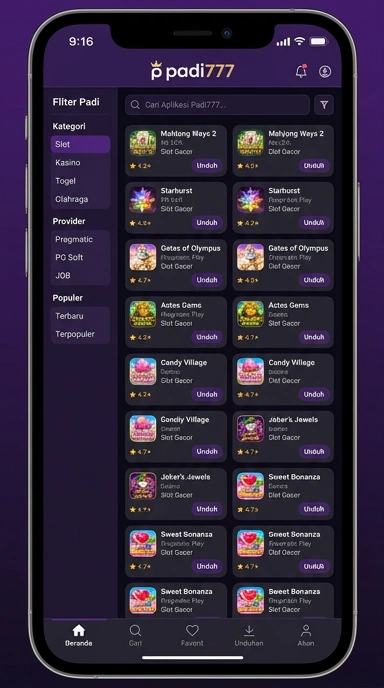 Tampilan katalog aplikasi padi777